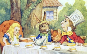 The Mad Hatter's Tea Party, illustration from 'Alice in Wonderland' by Lewis Carroll (1832-9) (color litho)  by Tenniel, John 