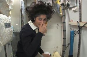 Expedition 33 Commander Sunita Williams tours the International Space Station's toilet hygiene station